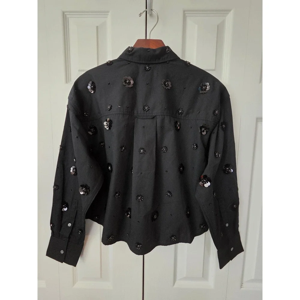 J. Crew Etienne Cropped Button Up Shirt‎ Poplin Embellished XS Black NWT CP675